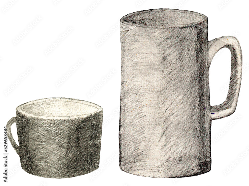 Vintage pencil drawing 08, still life illustration with a coffee cup and large ceramic mug for tea, isolated on a transparent background