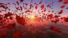 Falling Red Leaves At Sunset Near Water.3D Rendering