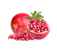 Fresh Ripe Pomegranate With Leaves Isolated On Transparent Background (.PNG)