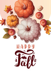 Wall Mural - Card design with pumpkins, apples and autumn leaves. Autumn, harvest, thanksgiving day, fall concept. Vector illustration. CArd, postcard, poster.