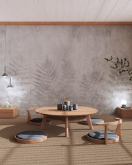 Wall Mural - Minimalist Tea ceremony room mock up in white and gray tones, japanese style. Table and chairs, tatami mats. Japandi interior design