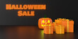 Halloween Big Sale promotion text, orange gift box and spooky pumpkin on black background, copy space. Seasonal shopping card, web banner, sale, discount poster template in 3D render illustration.