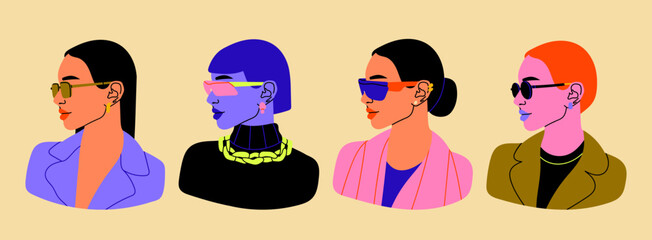 Set of beautiful Women in various sunglasses. Different clothes. Closeup abstract portraits of cute young ladies. Hand drawn modern Vector illustration. Every lady is isolated. Fashion, style concept