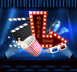 Wall Mural - Movie time concept background. Cinema hall with popcorn, 3d realistic glasses and film roll.