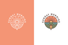 Illustration Abstract Of Sunrise And Owl Logo Concept On Circle Shape. Vintage Creative Branding Design Sunday Morning.