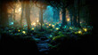Leinwandbild Motiv Dark magical fairy tale forest background with glowing lights
