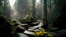 Stone Path Through Wet European Forest During Rain