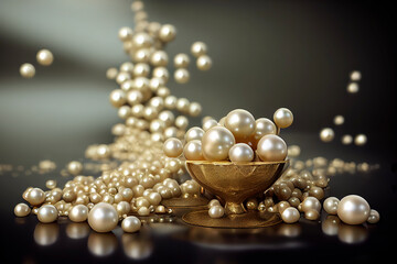 Beautiful group of shiny pearls on soft background with sparkles and light beams with copy space. White pearls whit gold in motion background. Pile of pearls on the shiny background
