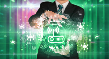 Businessman holding technology icon concept