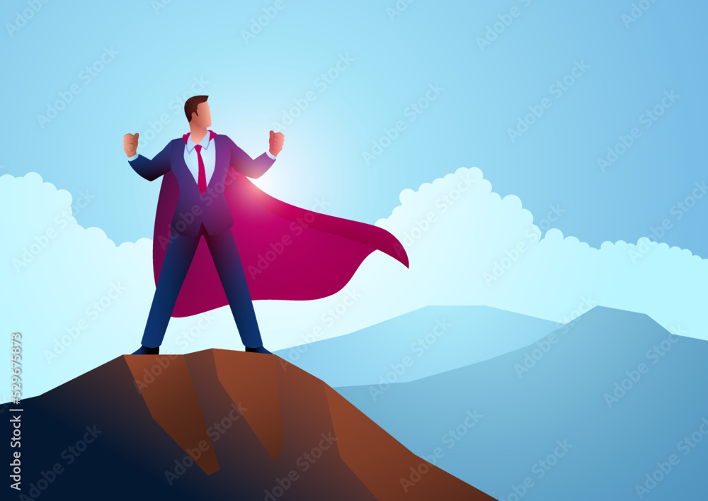 Businessman as a superhero standing on the top of a mountain Stock ...