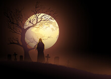 Scary Woman Figure With Long Hair On Graveyard Near Dried Tree
