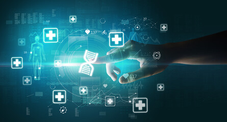 Poster - Doctor hand pressing futuristic health device with medical symbol on screen