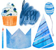 Watercolor birthday collection, cupcake, bithday hat, balloon, candle, text in blue colors,isolated on white background.