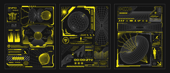 Wall Mural - retro futuristic posters with 3d wireframes of spheres and torus. cyberpunk virtual interfaces, digi