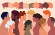 © Hope - People talking in a crowd. Vector cartoon character profiles. Speech bubbles and communication between people. A diverse group of people in dialogue.