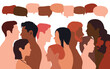 © Hope - People talking in a crowd. Vector cartoon character profiles. Speech bubbles and communication between people. A diverse group of people in dialogue.