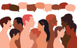 © Hope - People talking in a crowd. Vector cartoon character profiles. Speech bubbles and communication between people. A diverse group of people in dialogue.