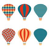 Fototapeta  - Hot air balloons clipart collection  in simple retro style. Perfect for posters, greeting cards, T-shirt, stickers and print. Isolated vector illustration for decor and design.