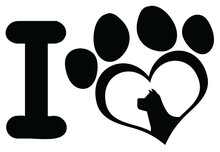 I Love With Black Heart Paw Print With Claws And Dog Head Silhouette Logo Design. Hand Drawn Illustration Isolated On Transparent Background