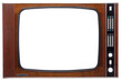 Front panel of vintage veneer decorated CRT television set made in USSR with cut out screen and controls isolated on white background