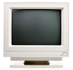 Vintage CRT computer monitor with black screen isolated on white background