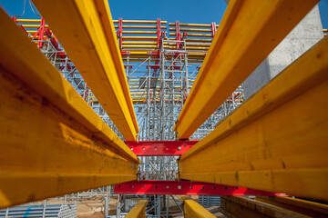 Support system of scaffolding with wooden beams at bridge construction