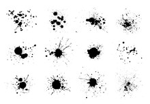 Black Ink Splatter Isolated On White Background. Watercolor Paint Brush Texture. Ink Splash And Stain Set. Grunge Spray Drop Spatter, Dirty Blot Splatters And Splat. Abstract Splash Blobs