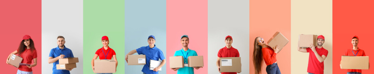 Canvas Print - Set of couriers with parcels on colorful background