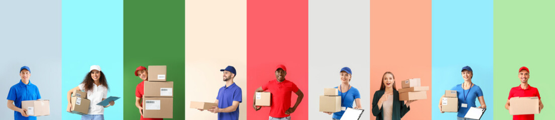 Poster - Set of couriers with parcels on colorful background