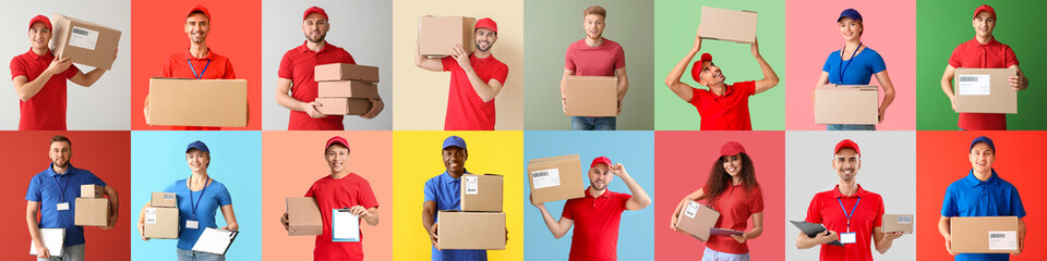 Set of couriers with parcels on colorful background