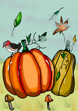 Two Pumpkins Are Depicted In The Picture. One Of Them Is Orange, The Other Is Yellow. On One Of Them Sits A Little Bird Of The Sky And Falling Leaves Behind Them
