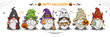 Set Of Happy Halloween With Cute Gnomes Vampire, Witches, Frankenstein, Devil, Mummy, And Ghost Banner Design, Cute Cartoon Illustration