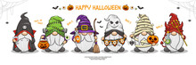 Set Of Happy Halloween With Cute Gnomes Vampire, Witches, Frankenstein, Devil, Mummy, And Ghost Banner Design, Cute Cartoon Illustration