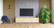 Salon, betonowa ściana z telewizorem i drewnianymi elementami ozdobnymi. Render 3d