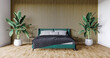 Sypialnia, prosta aranżacja z drewnianymi elementami i zielonym łóżkiem. Aranżacja wnętrza. Render 3d. 