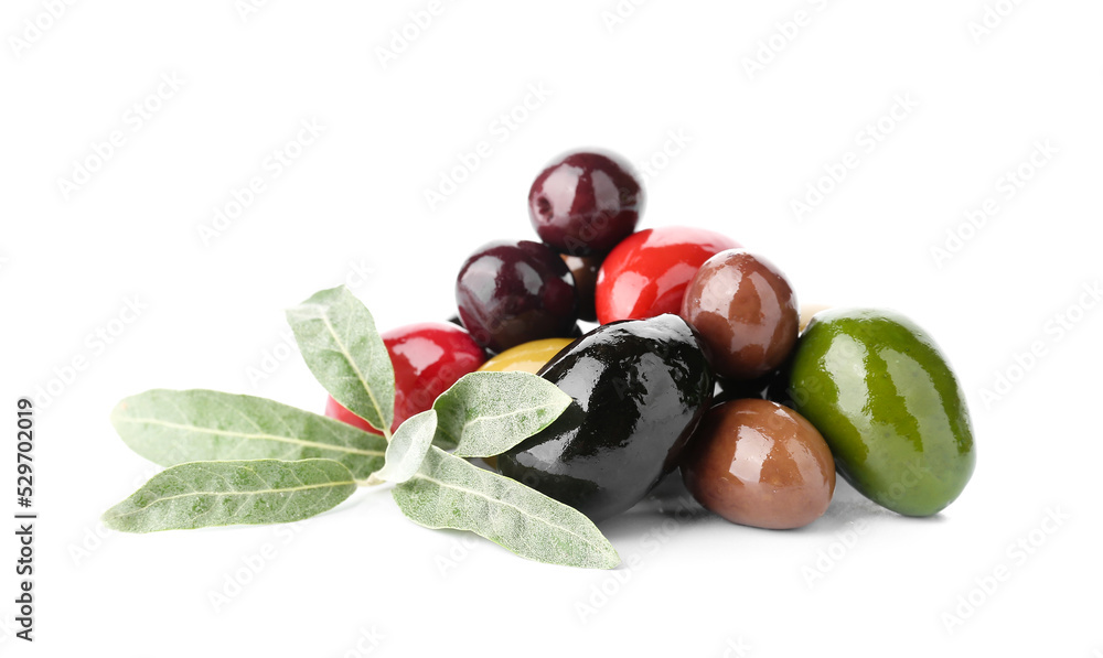 Heap of different delicious olives on white background