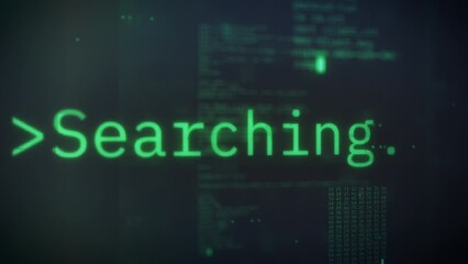 Wall Mural - macro zoom out of search program launches on screen filled with lines of code and digital glitch