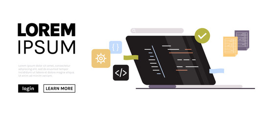 Developing new software on laptop and freelance developer programming, coding, development process concept flat vector illustration.