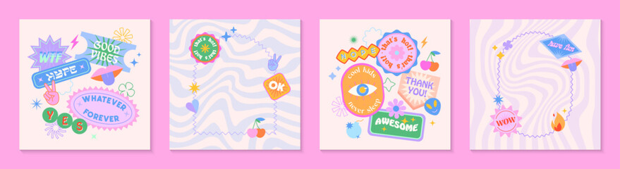 Wall Mural - Vector set of cute fun templates with frames,patches,stickers in 90s style.Modern symbols in y2k aesthetic with text.Trendy groovy designs for banners,social media marketing,branding,packaging,covers