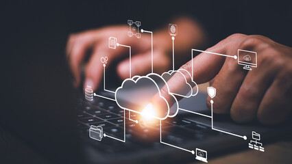 businessman with cloud computing diagram show on hand. cloud technology. data storage. networking an