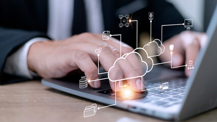 Businessman with cloud computing diagram show on hand. Cloud technology. Data storage. Networking and internet service concept.