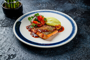 Poster - Salmon steak on the grill with mashed wasabi and sweet chili sauce