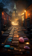 Dark And Moody Narrow Street Of Cobblestone In A Whimsy Digital Art Illustration Painting Hyper Realistic Concept Art