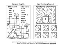 Activity Page With Two Puzzles. Fill-in Crossword Puzzle Or Word Game. Spot The Missing Fragment Of Pattern With Rain And Umbrellas. Black And White. Answers Included.
