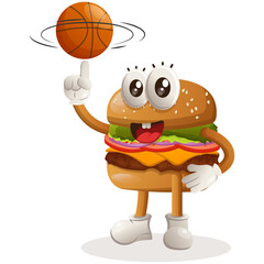 Wall Mural - Cute burger mascot design playing basketball, freestyle with ball. Burger cartoon mascot character design. Delicious food with cheese, vegetables and meat. Cute mascot vector illustration