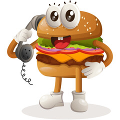 Poster - Cute burger mascot design pick up the phone, answering phone calls. Burger cartoon mascot character design. Delicious food with cheese, vegetables and meat. Cute mascot vector illustration