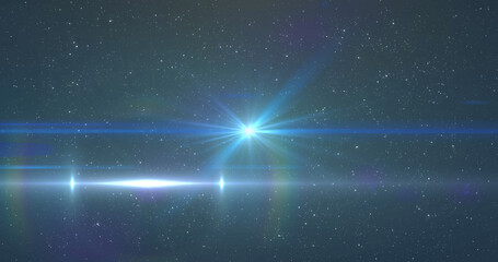 Wall Mural - Image of glowing blue light moving over spots of light and stars in background