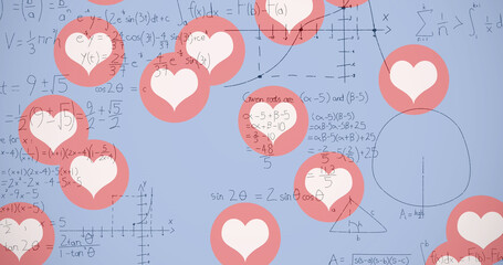 Image of hearts falling over mathematical equations on white background