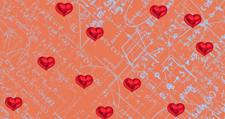 Image of hearts falling over mathematical equations on red background