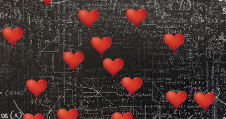 Image of hearts falling over mathematical equations on chalkboard